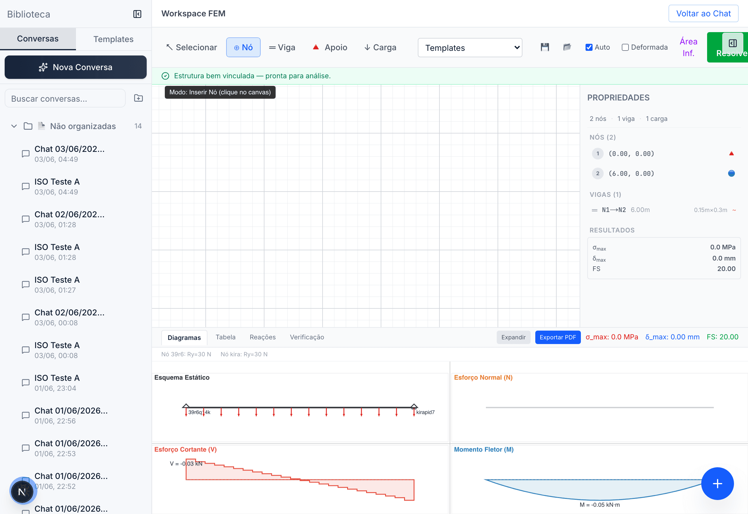Workspace FEM da Niviella com diagramas de esforços